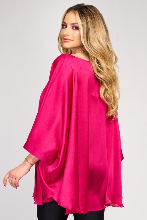 Bluza cu manseta din voal creponat satinat fuchsia 