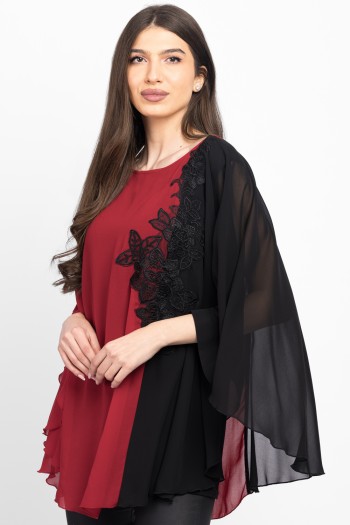 Bluza din voal rosu si negru cu dantela 