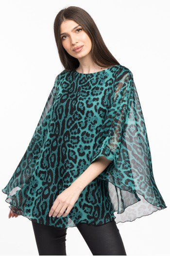 Bluza cu manseta din voal animal print verde 