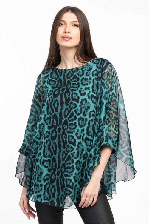 Bluza cu manseta din voal animal print verde