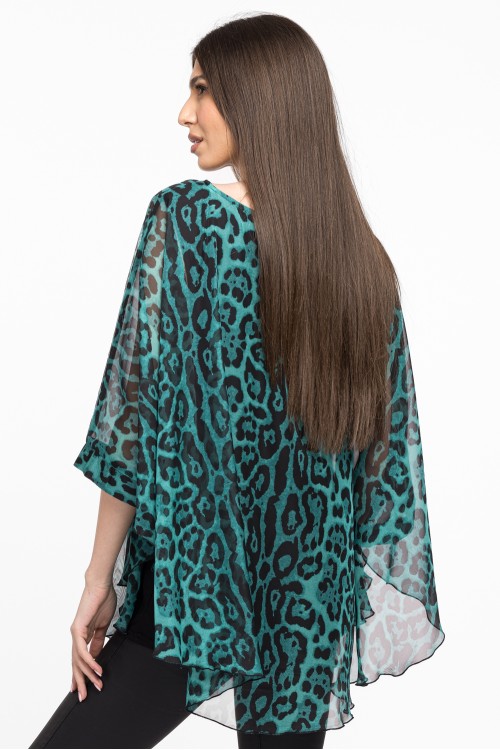 Bluza cu manseta din voal animal print verde