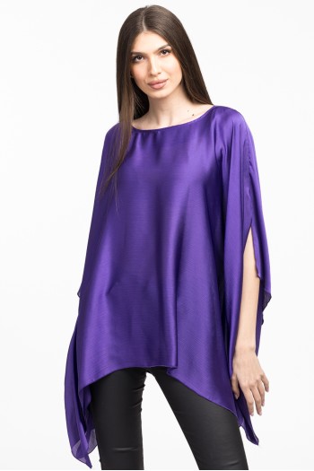 Bluza cu maneca clopot decupata din voal peliculizat violet  Bluza cu maneca clopot decupata din voal peliculizat violet