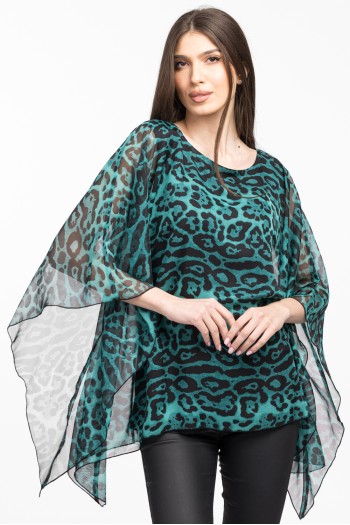 Bluza cu maneca clopot din voal animal print verde 