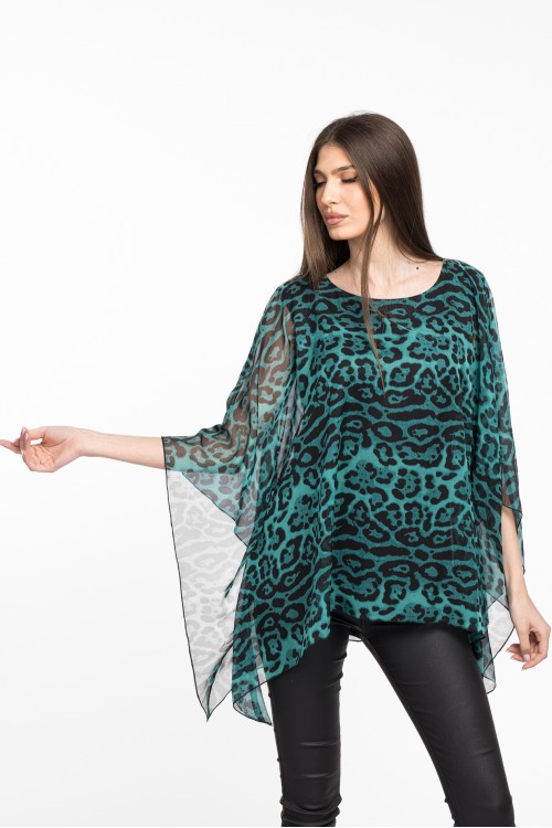 Bluza cu maneca clopot din voal animal print verde 