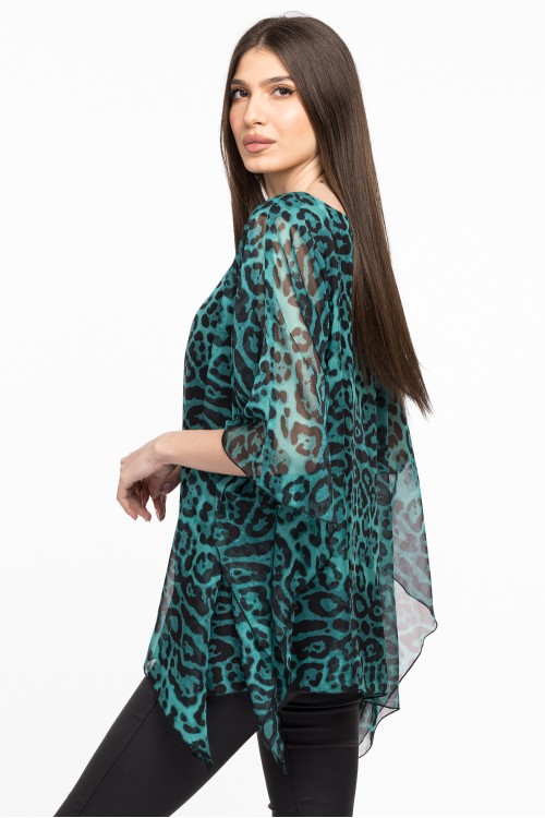 Bluza cu maneca clopot din voal animal print verde 