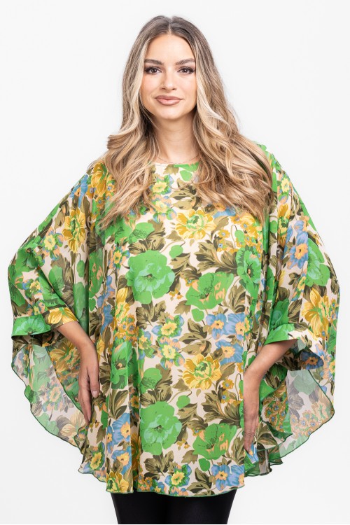 Bluza cu manseta din voal verde cu flori 