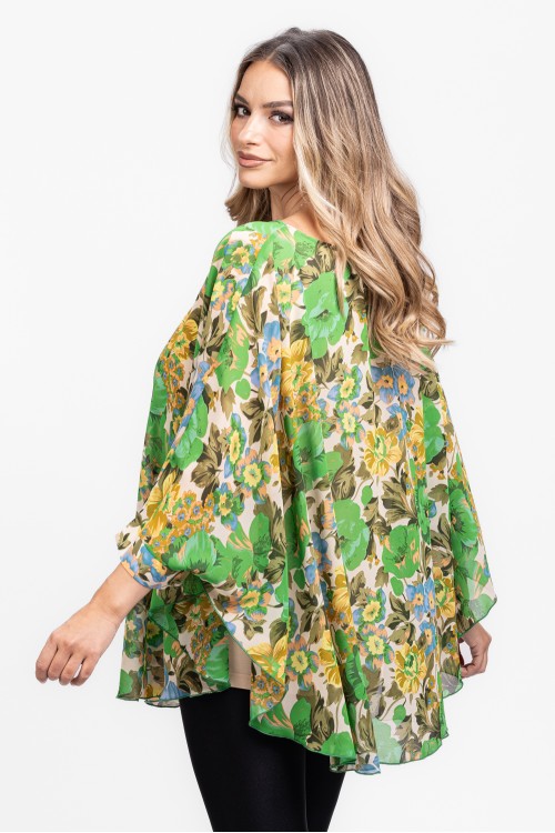 Bluza cu manseta din voal verde cu flori 