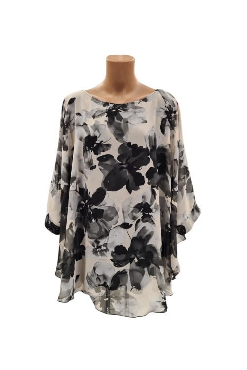 Bluza cu manseta din voal alb negru cu flori