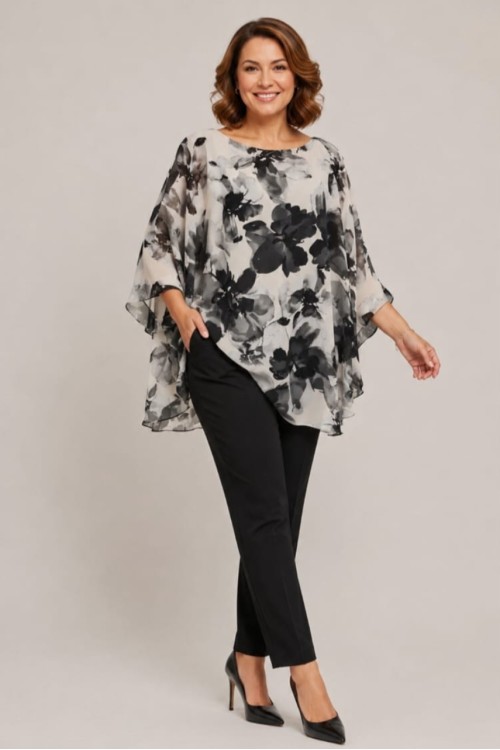Bluza cu manseta din voal alb negru cu flori