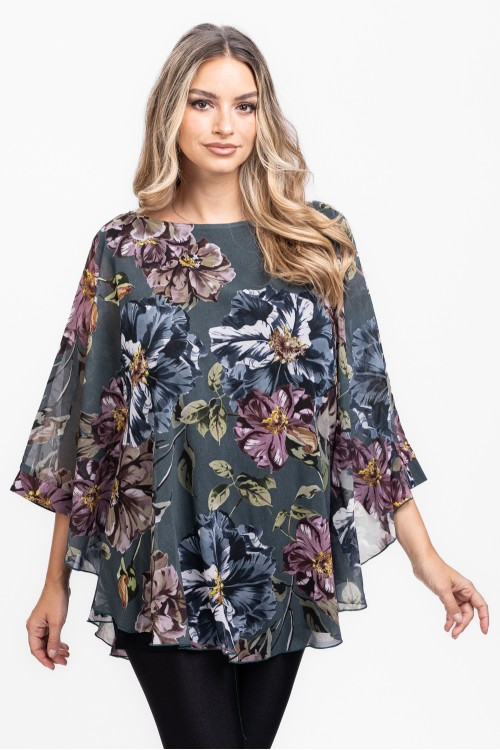 Bluza cu manseta din voal gri cu flori