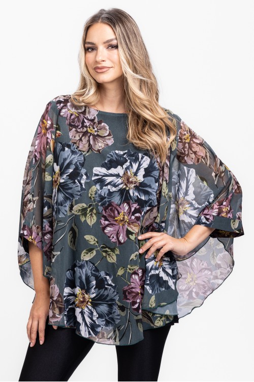 Bluza cu manseta din voal gri cu flori