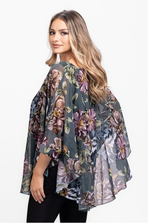 Bluza cu manseta din voal gri cu flori
