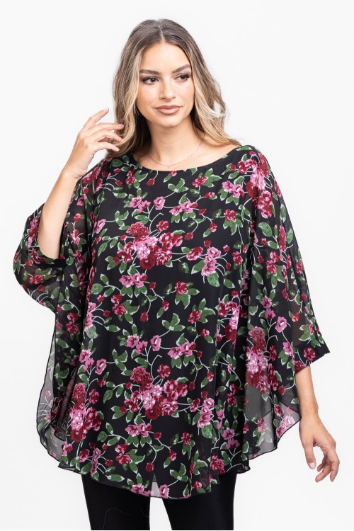 Bluza cu manseta din voal negru cu flori burgundy 