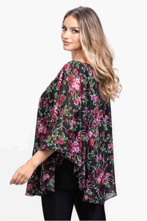 Bluza cu manseta din voal negru cu flori burgundy 
