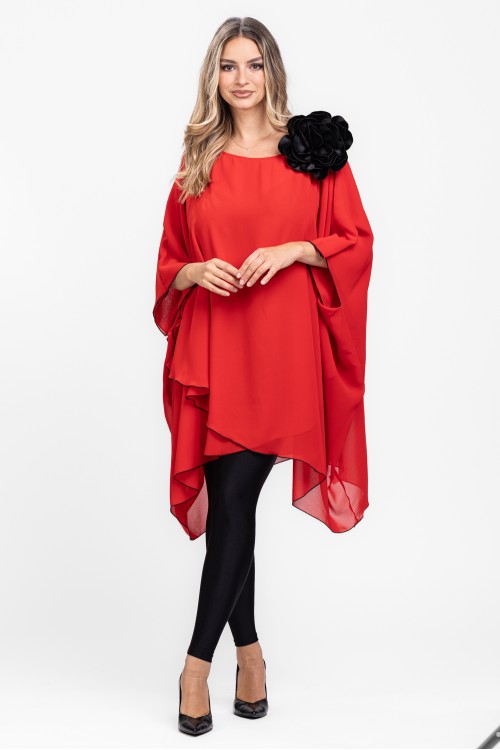 Bluza eleganta din voal corai cu brosa in forma de floare 