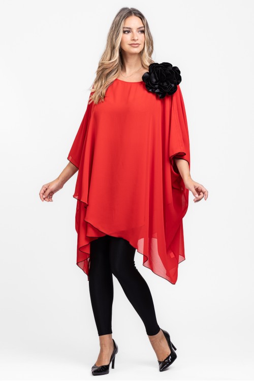 Bluza eleganta din voal corai cu brosa in forma de floare 
