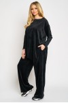 Trening de catifea reiata neagra cu bluza asimetrica si pantalon larg