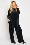 Trening de catifea reiata neagra cu bluza asimetrica si pantalon larg