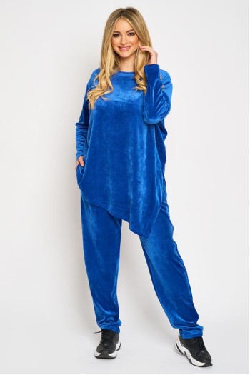 Trening de catifea albastra cu bluza asimetrica si pantalon conic
