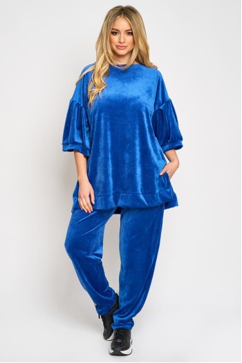 Trening de catifea albastra, bluza cu maneca 3/4 si pantalon conic