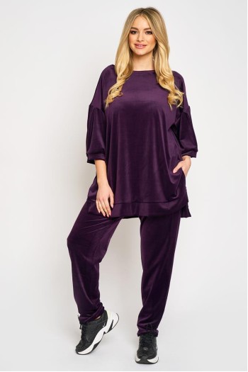 Trening de catifea mov, bluza cu maneca 3/4 si pantalon conic