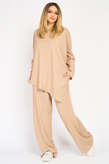 Trening bej din bumbac reiat, bluză asimetrică și pantaloni largi