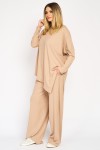 Trening bej din bumbac reiat, bluza asimetrică și pantaloni largi