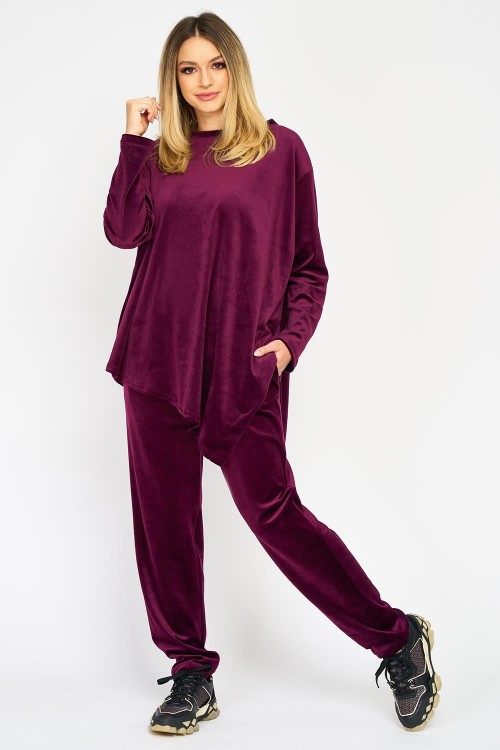 Trening din catifea bordo, bluză asimetrică și pantaloni conici