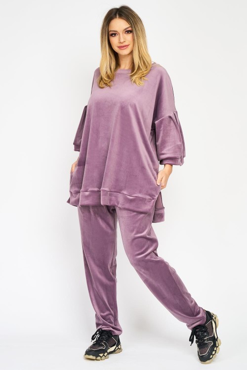 Trening din catifea roz pudră, bluză cu mânecă 3/4 și pantaloni conici