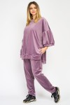 Trening din catifea roz pudră, bluză cu mânecă 3/4 și pantaloni conici