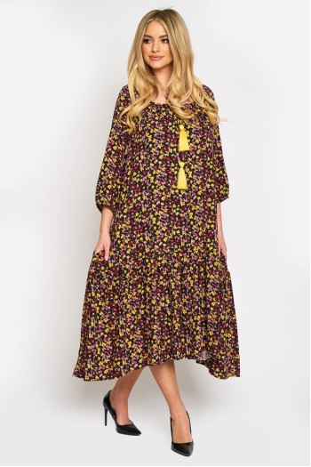Rochie lejera cu un volan si ciucuri, din vascoza imprimata, imprimeu floral mic