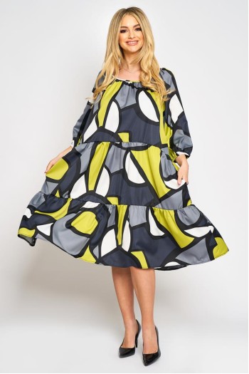 Rochie cu doua volane din satin imprimat, print geometric