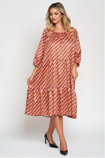 Rochie cu doua volane din satin, imprimeu abstract bej-grena Rochie cu doua volane din satin, imprimeu abstract bej-grena