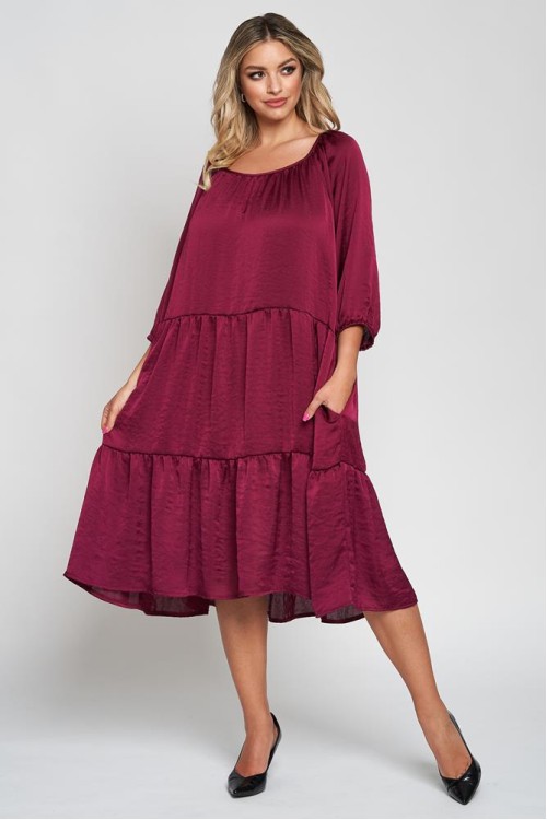 Rochie cu doua volane din satin bordo