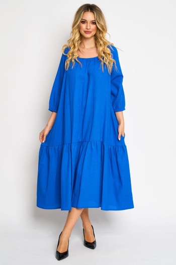 Rochie din in albastru electric, cu un volan