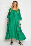 Rochie din vascoza verde, cu trei volane suprapuse