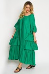 Rochie din vascoza verde, cu trei volane suprapuse