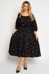 Rochie din vascoza cu un volan, fond negru cu buline roz