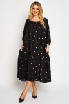 Rochie din vascoza cu un volan, fond negru cu buline roz