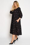 Rochie din vascoza cu un volan, fond negru cu buline roz