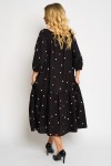 Rochie din vascoza cu un volan, fond negru cu buline roz