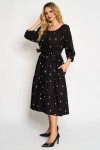 Rochie din vascoza cu un volan, fond negru cu buline roz