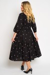 Rochie din vascoza cu un volan, fond negru cu buline roz