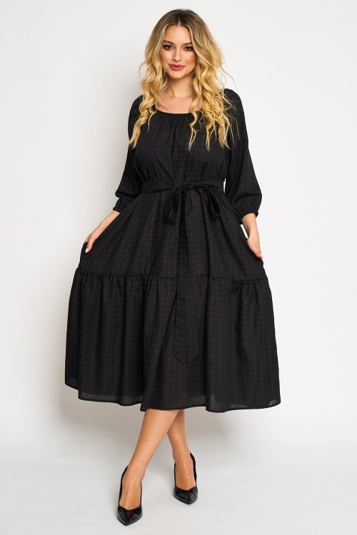Rochie din vascoza cu un volan, fond negru cu flori mici bordo