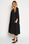 Rochie din vascoza cu un volan, fond negru cu flori mici bordo