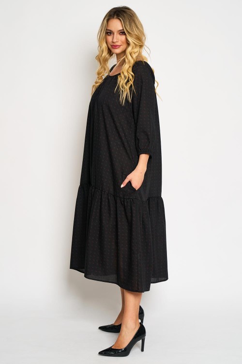 Rochie din vascoza cu un volan, fond negru cu flori mici bordo