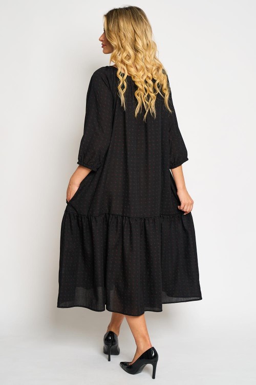 Rochie din vascoza cu un volan, fond negru cu flori mici bordo