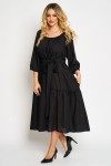 Rochie din vascoza cu un volan, fond negru cu flori mici bordo