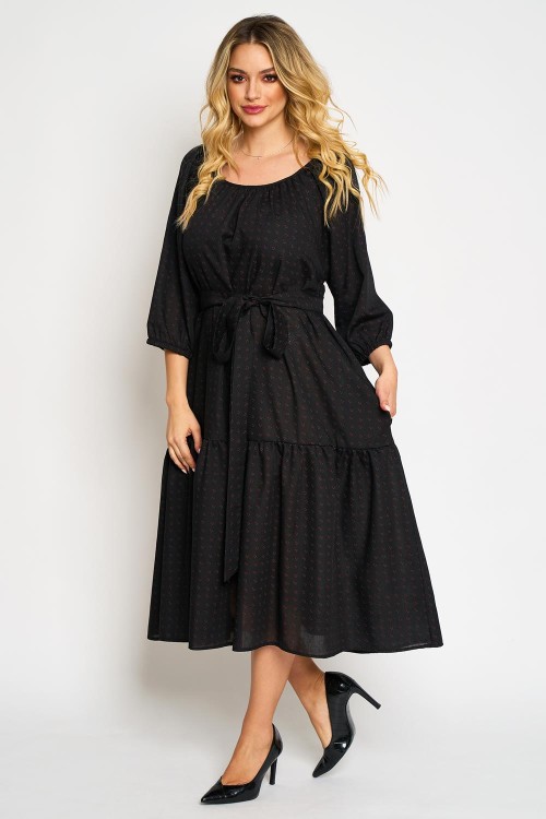 Rochie din vascoza cu un volan, fond negru cu flori mici bordo