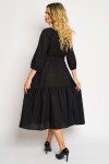 Rochie din vascoza cu un volan, fond negru cu flori mici bordo